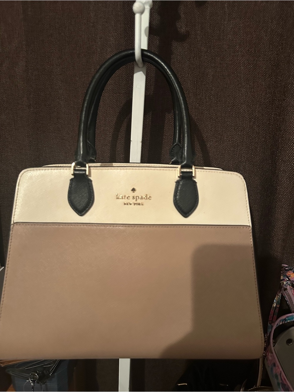 kate spade Two-Tone Leather Satchel in Black, Cream and Beige